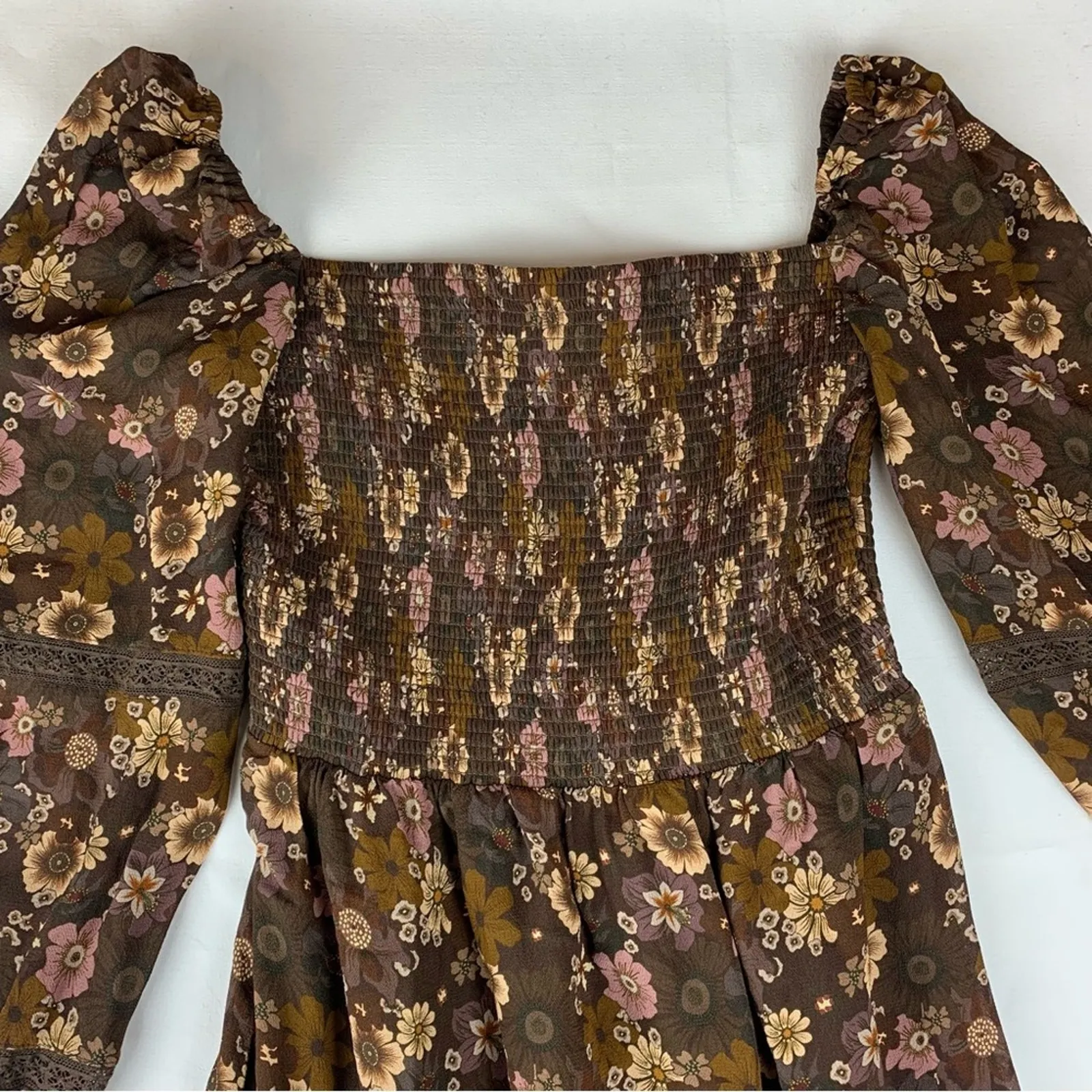 Wilfred size small grace midi sun dress brown white floral square neck boho - Image 8
