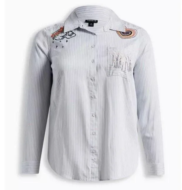 Torrid Lizzie Blue Striped Embroidered Twill Button Up Long Sleeve Shirt Size 2X - Image 5