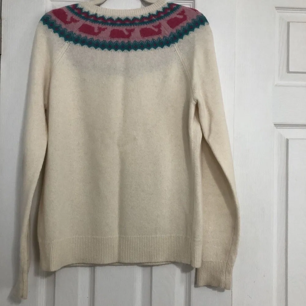 Vineyard Vines Cream Pink Whale Crewneck Sweater Fair Isle‎ Women's Small Rare - Image 9