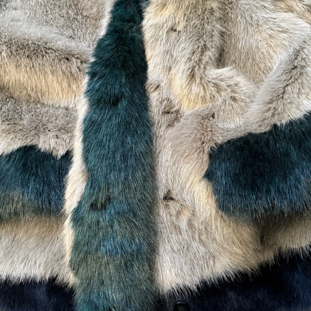 NWT, Anthropologie Molliolli Color Block Faux Fur Coat, Sz S - Image 14