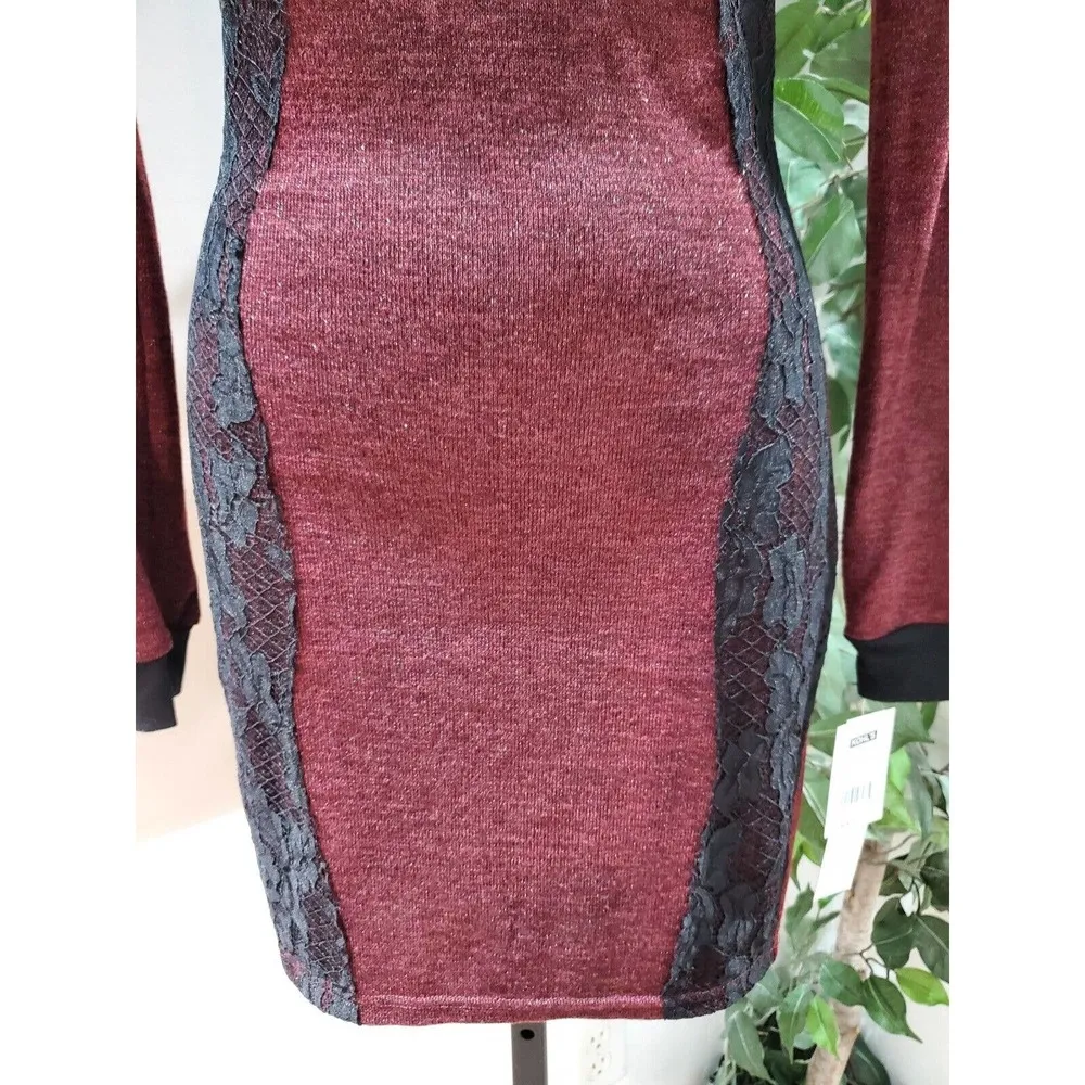 Three Pink Hearts Women's Maroon Round Neck Long Sleeve Knee Length Dress Size S - Image 4