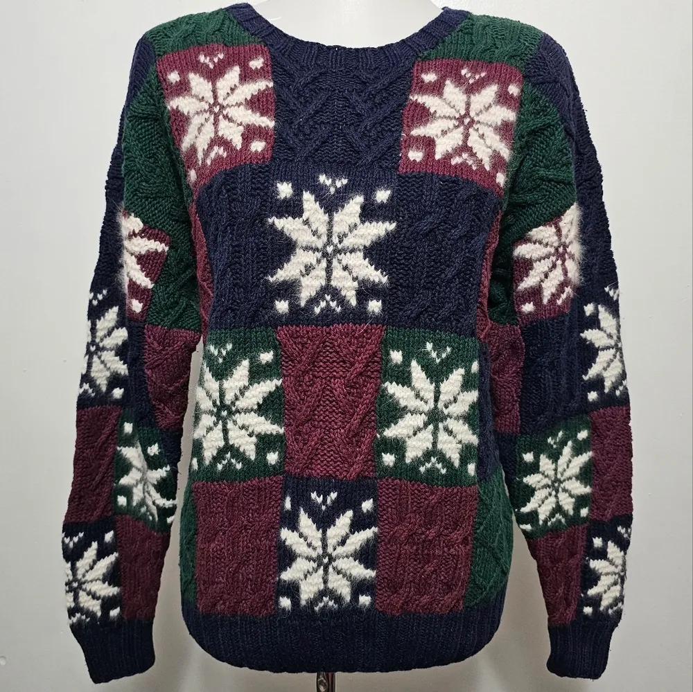 Vintage First Concepts Navy & Maroon Wool Blend Snowflake Sweater Size Medium Red - Image 2