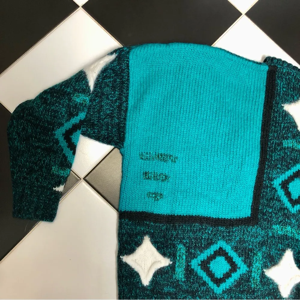 Vintage 80s 90s Susann D V Neck Sweater Blue Green Teal Abstract Geometric Knit Multiple Size M - Image 8