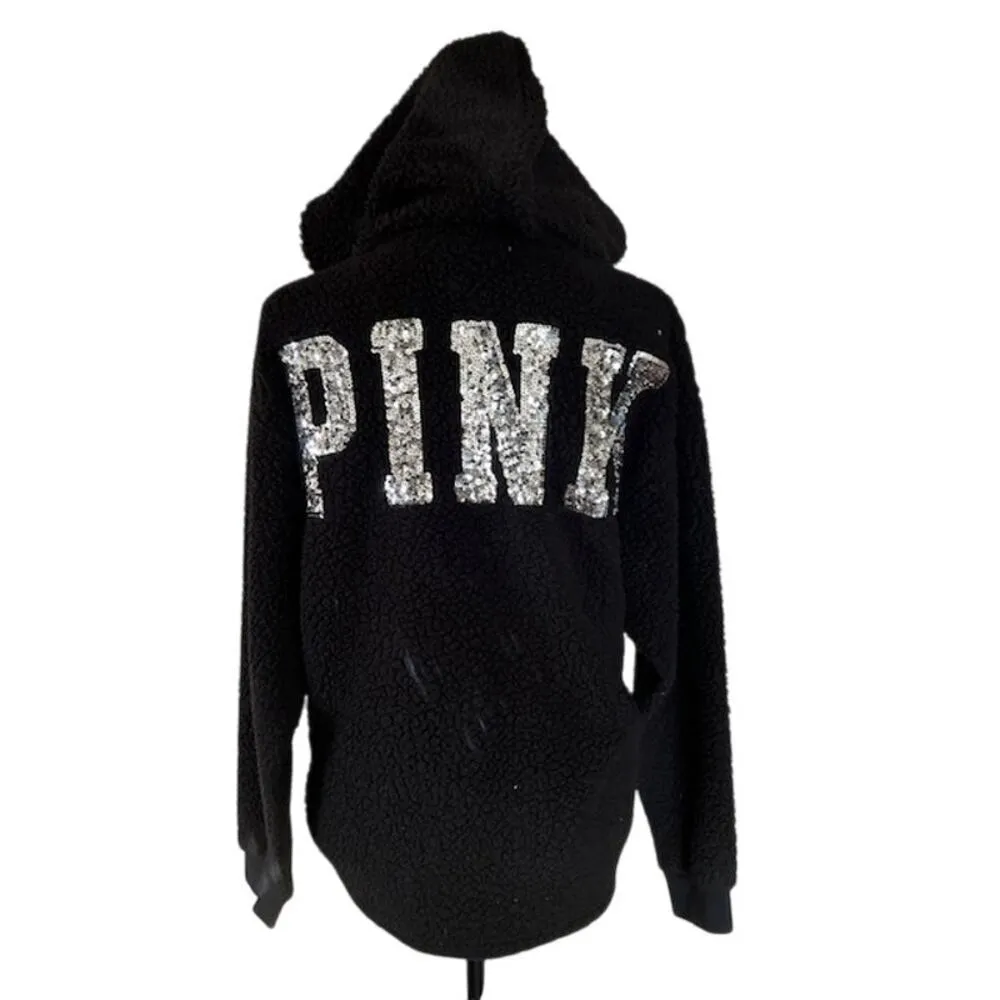 Victoria's Secret PINK Sherpa Bling Quarter Zip Hoodie, size XS Black - Image 3