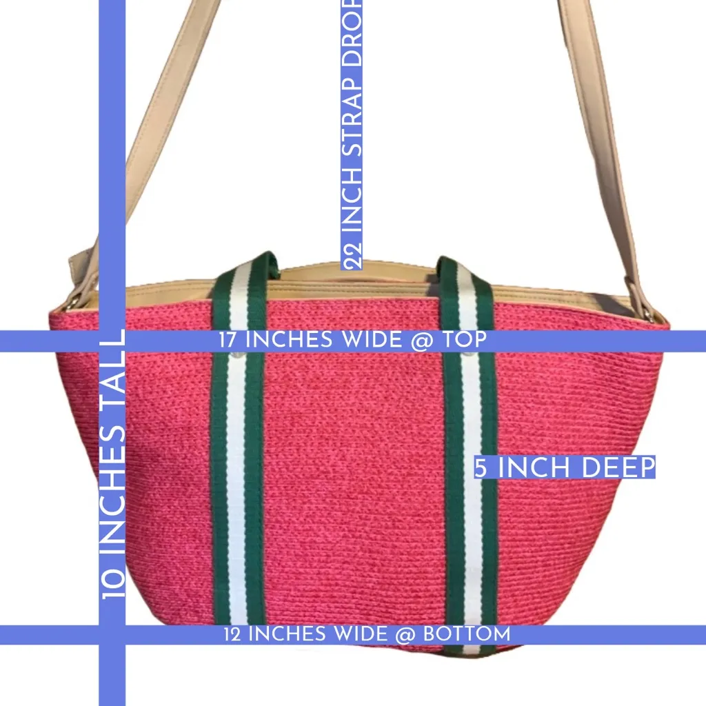 VINTAGE TALBOTS PINK STRAW PAPER TOTE BAG W/GREEN NYLON STRAP & TAN FAUX LEATHER - Image 13