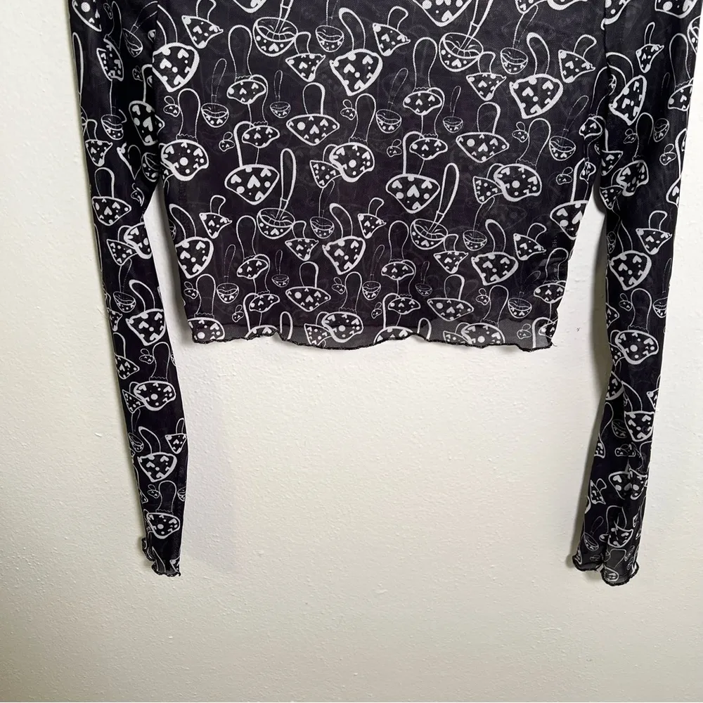 Shein Mesh Long Sleeve Crop Top Black Mushrooms Hearts Lettuce Hem 6 - Image 4