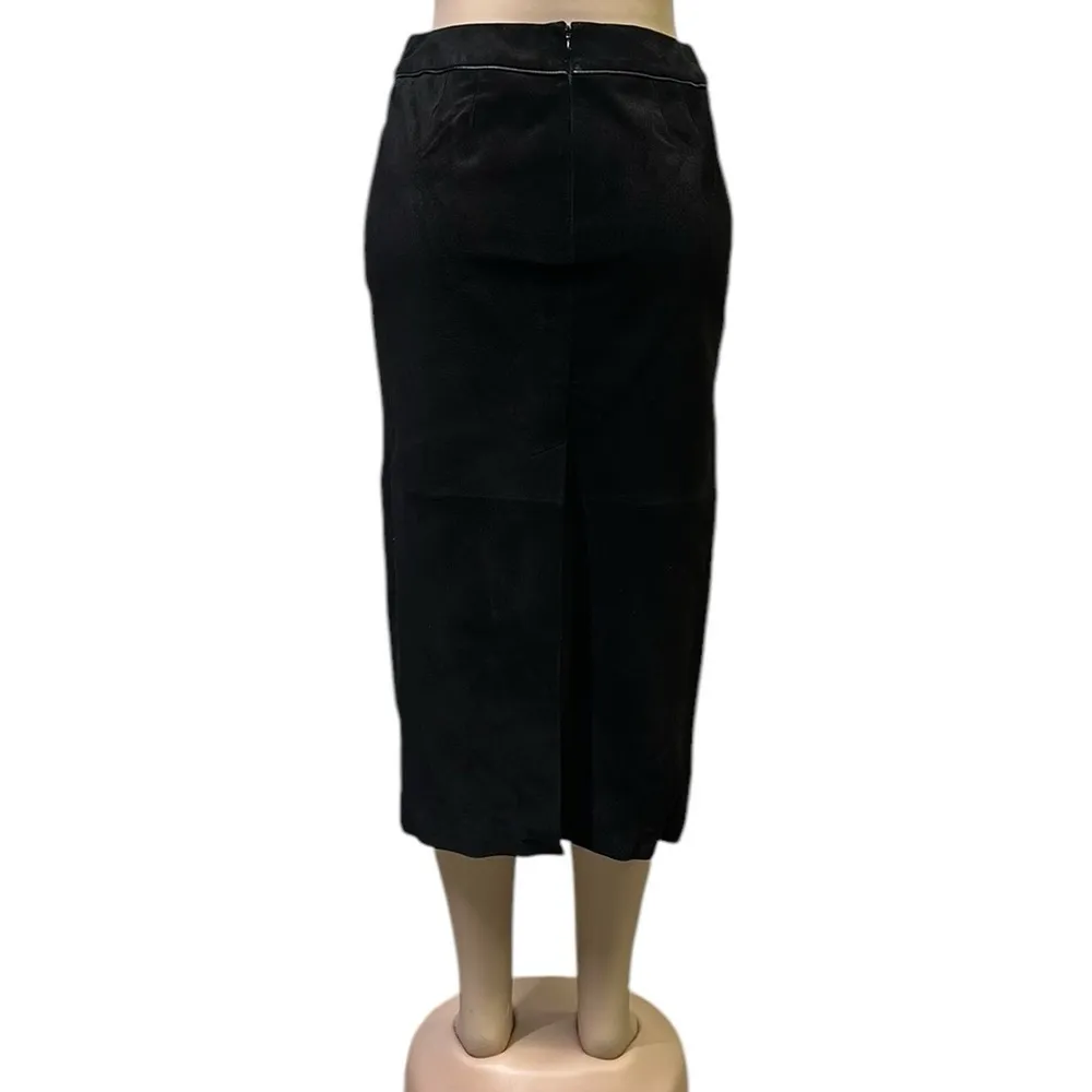 Genuine Suede Leather Black Ann Taylor Loft Slit and Button Back Midi Skirt 6 - Image 4