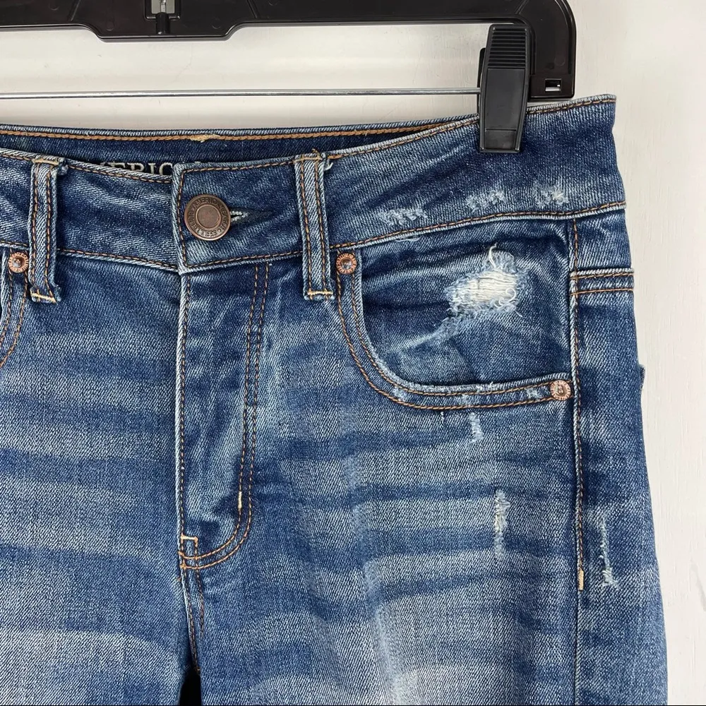 American Eagle Tomgirl Distressed Jeans Dark Wash Sz 0 Relaxed Straight Boho - Image 9