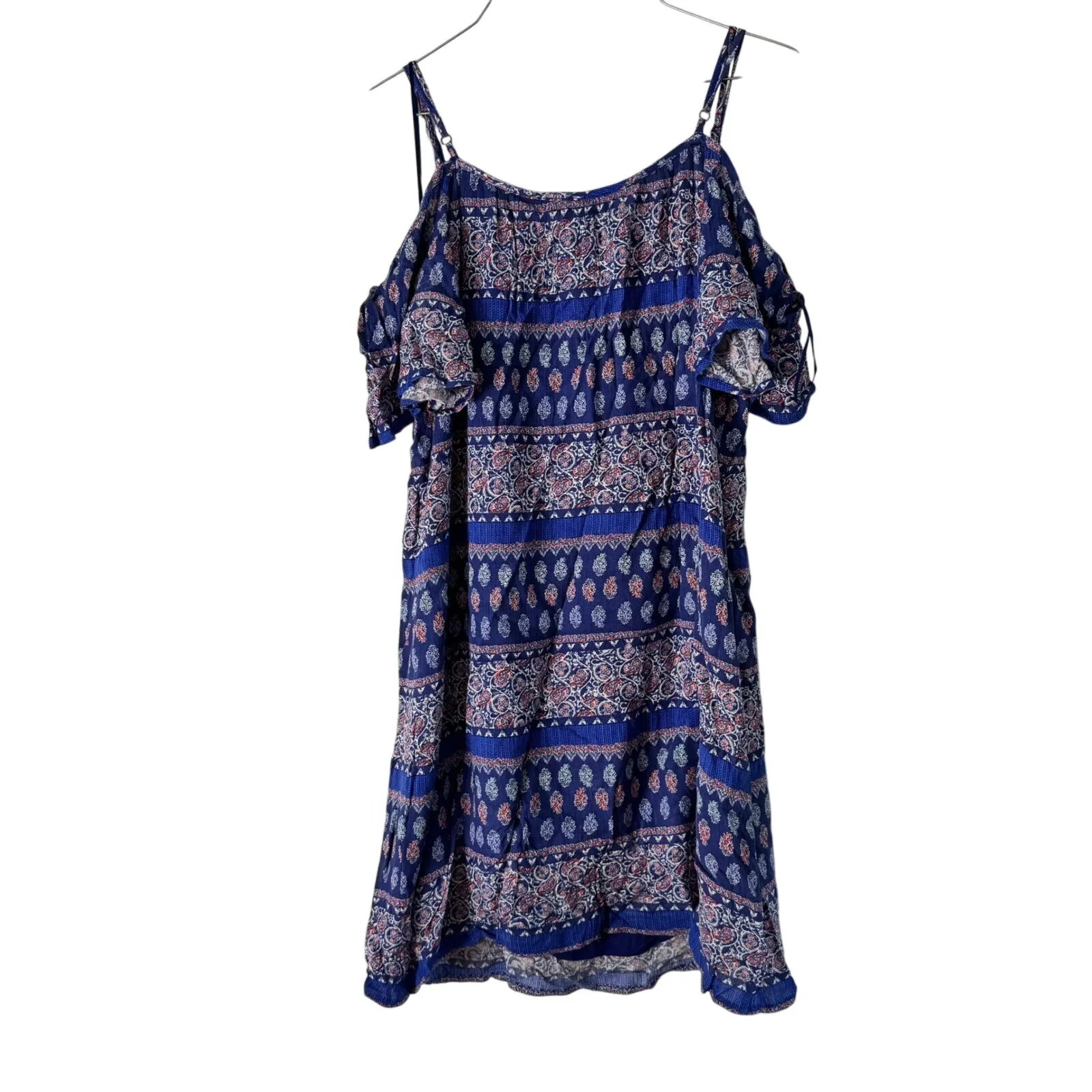 Skies Are Blue Cold Shoulder Dress Bohemian Print Casual Blue Size S - Image 2