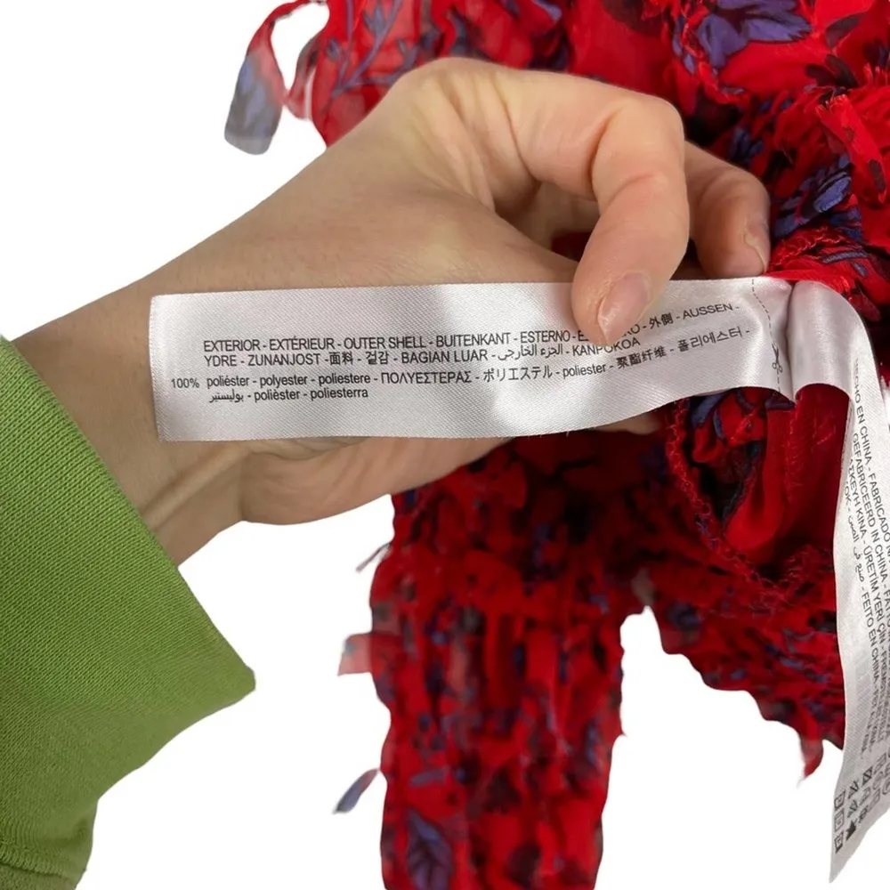 Red Floral Smocked Sheer Blouse Zara Fringing Cropped Top Long Sleeve Size XS - Image 12