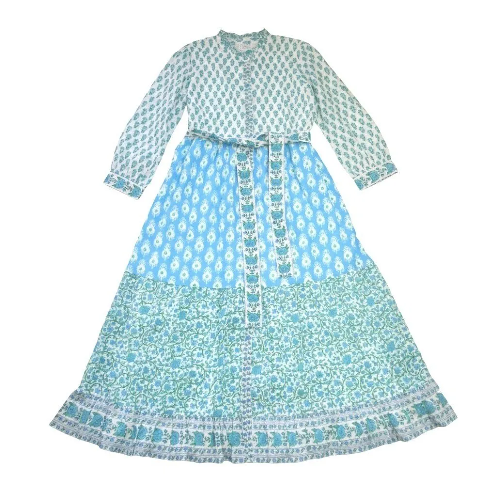 NWT PINK CITY PRINTS Panama in Mint Print Mix Floral Cotton Maxi Shirt Dress L Size L - Image 2