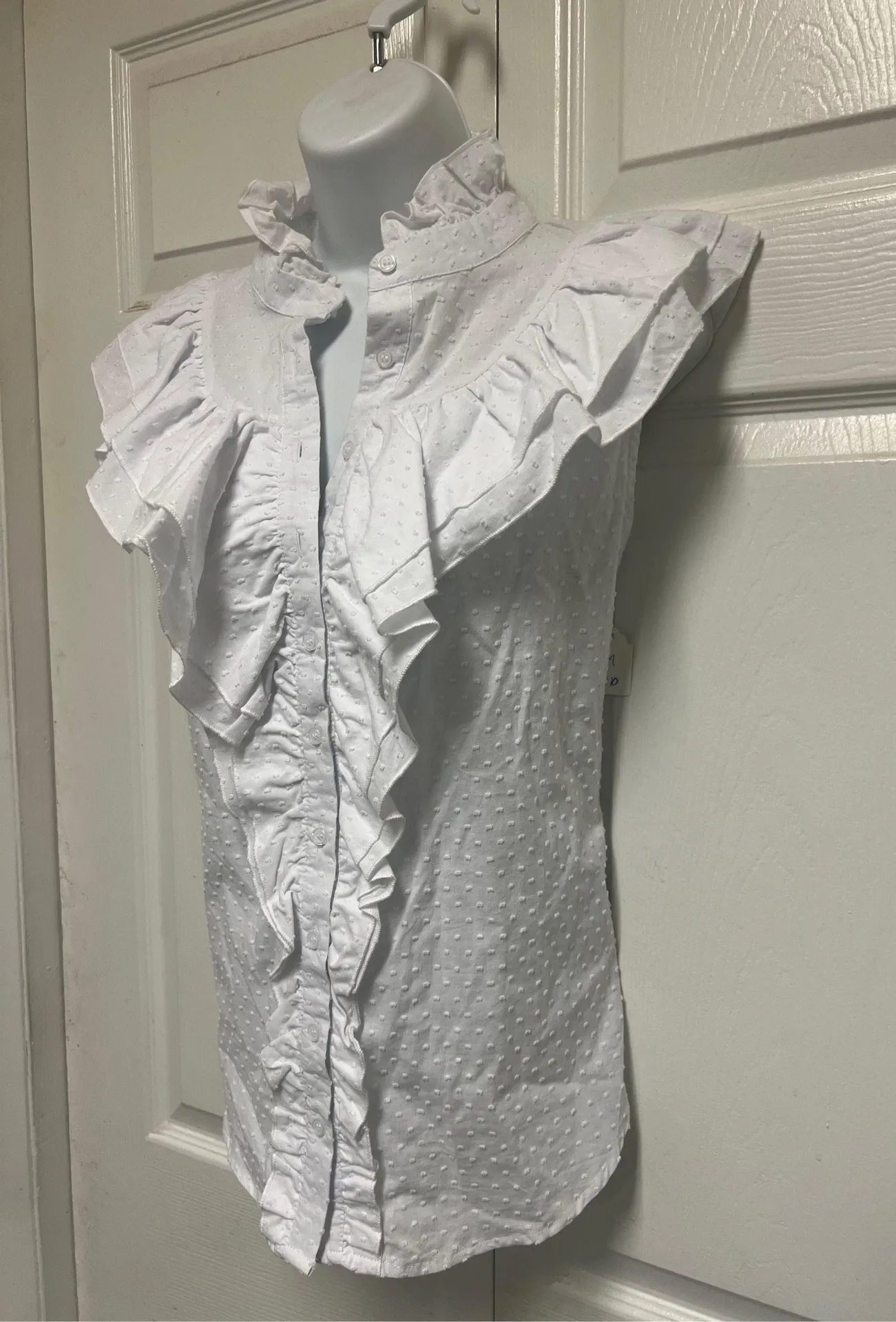 Rochelle Behrens THESHIRT White Swiss Dot Ruffled Sleeveless Shirt  - Image 5