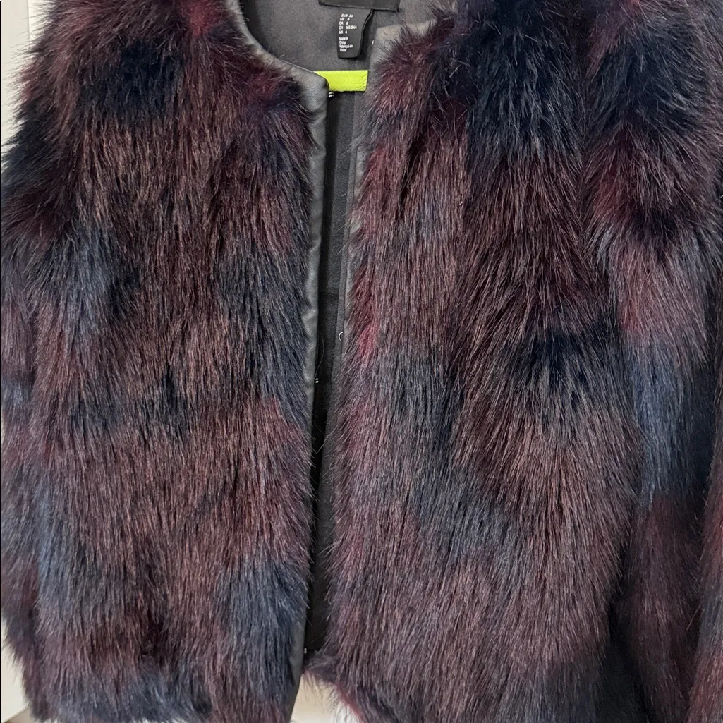H&M Faux Fur Burgundy + Navy Toned Faux Leather Trim Coat - Image 2