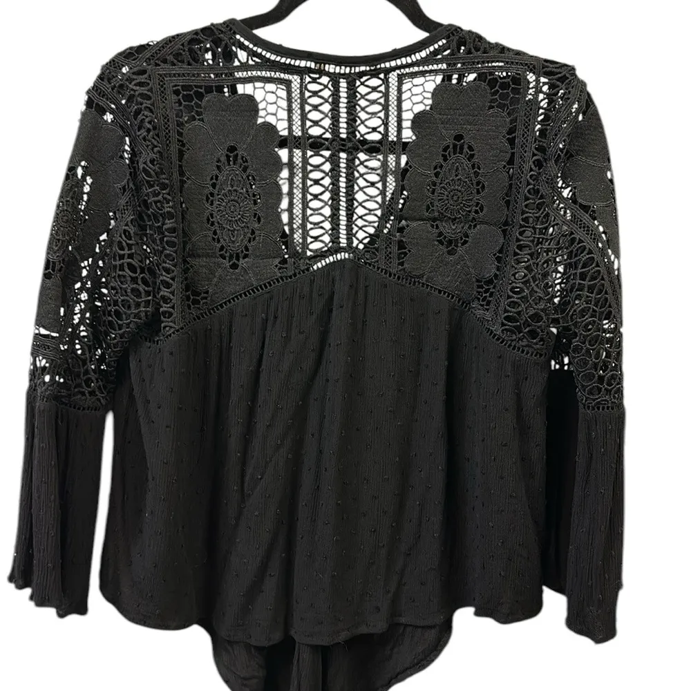 Love Stitch Black Lace Swiss Dot Tie Front Button Up 3 Quarter Sleeve Blouse S - Image 8