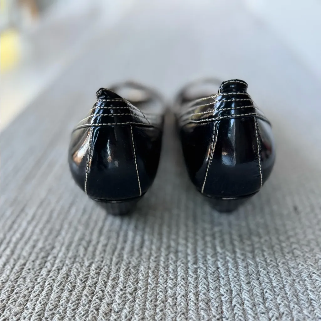 Vintage ALDO Black Patent Leather Peep Toe Silver Buckle Kitten Heels Sz 40/9 - Image 8