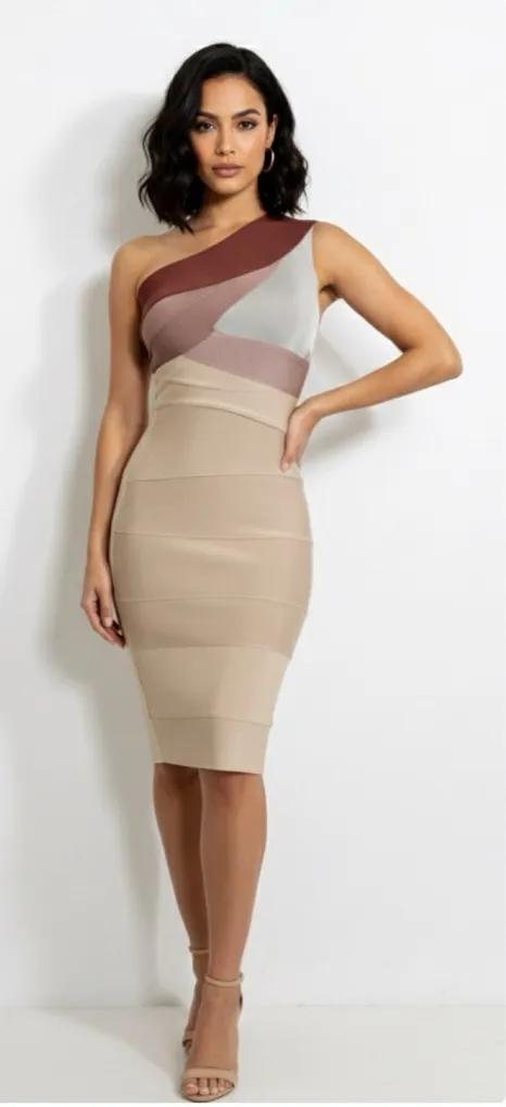 Hervé Léger One Shoulder Colorblock Bandage Dress – Size Small - Image 1