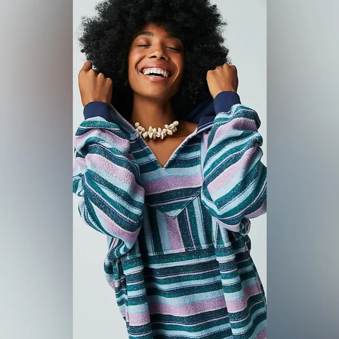 Free People Baja Sweatshirt Oversized V Neck Striped Printed Hoodie Tunic - Image 2