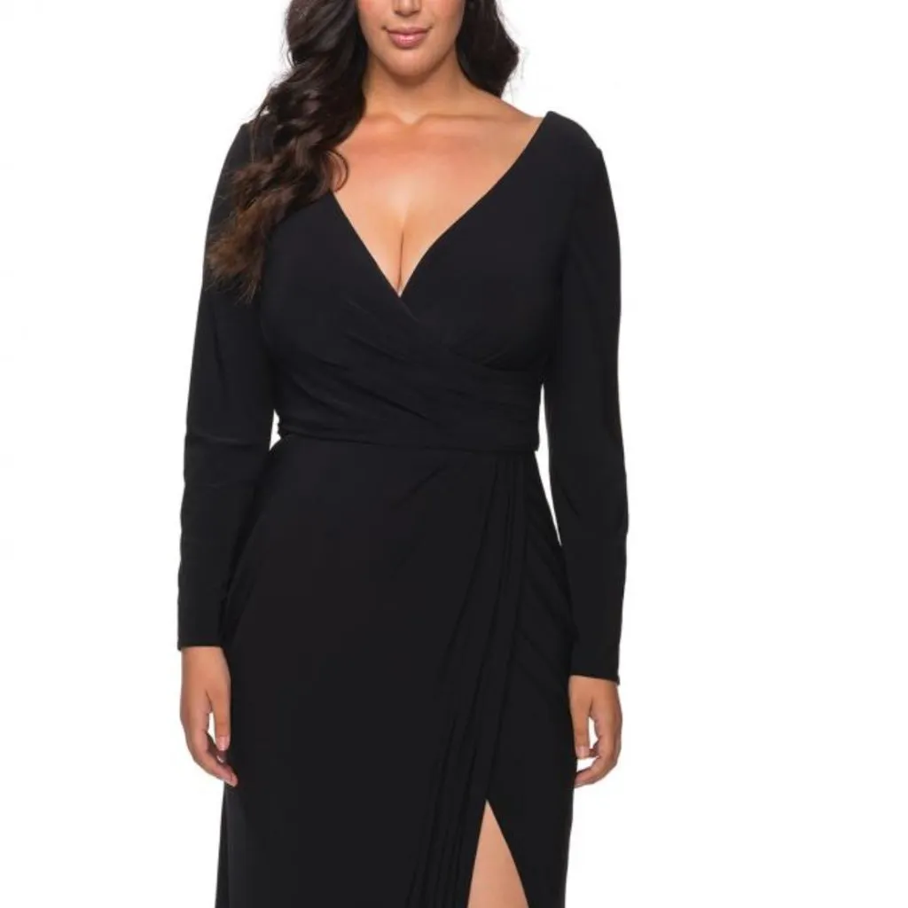 La Femme Curve Formal Gown‎ Plunging Long Sleeve Jersey Black 18W - Image 3