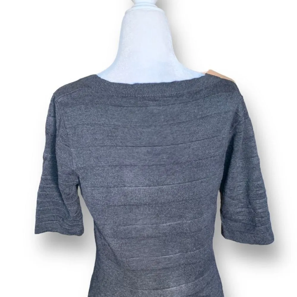 Calvin Klein Women's Gray Scoop Neck Short Sleeve Striped Midi Sweater Dress - Image 5