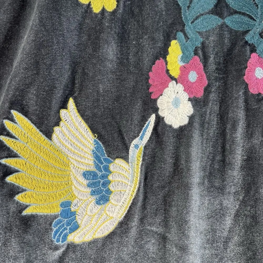 Entro XL Gray Velvet Kimono Bright Floral Embroidery Boho Bohemian Whimsigoth - Image 10