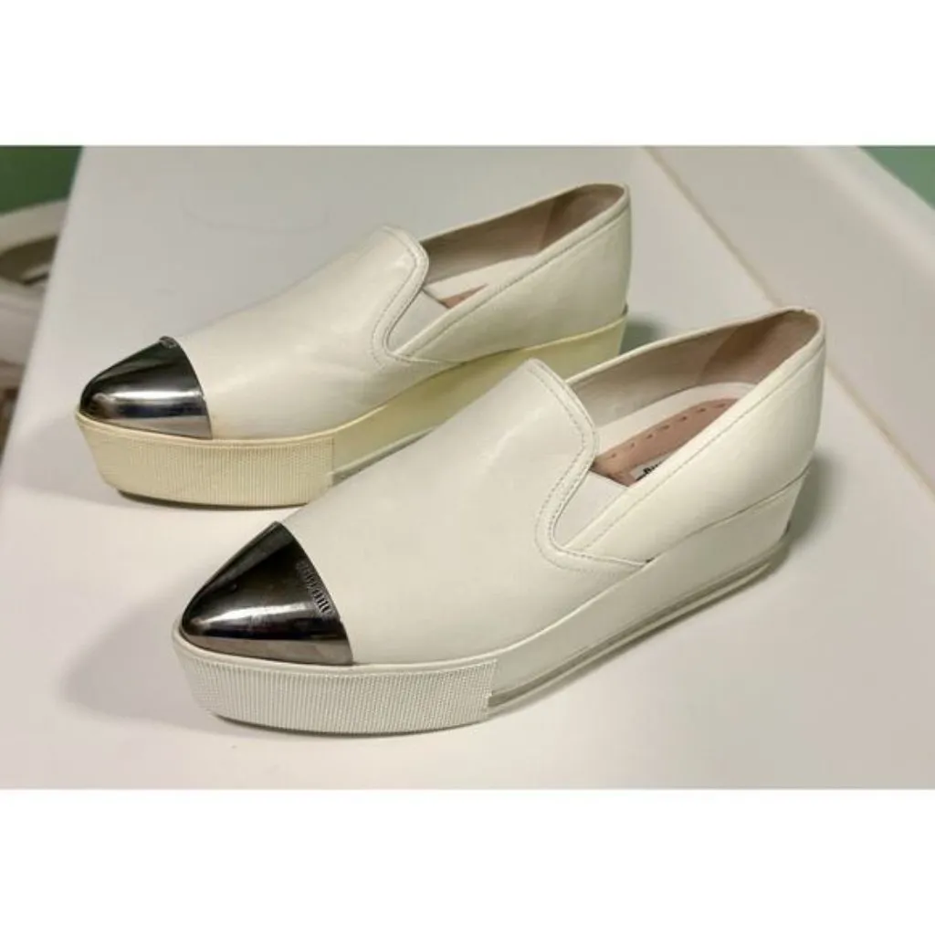 Miu Miu Platform Slip on Sneakers White Leather Silver Toe Cap - Image 5