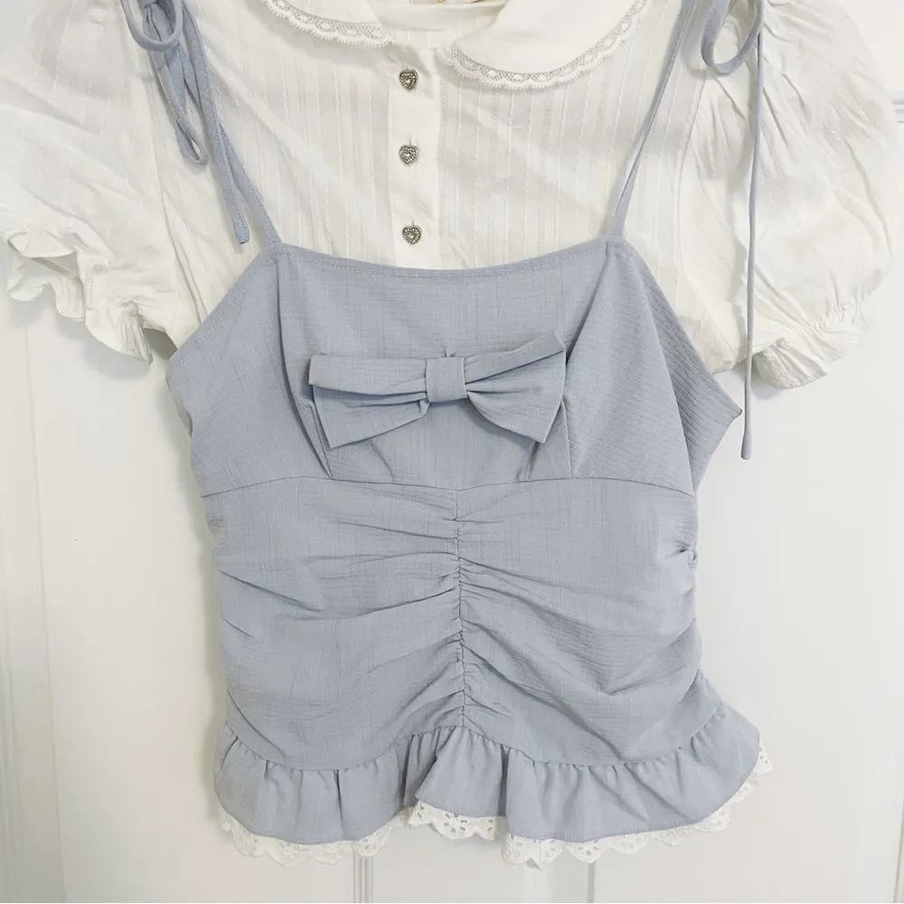 Japanese Kawaii Baby Blue Bow Tank White Crystal Button Lace Top Set Size XS - Image 3