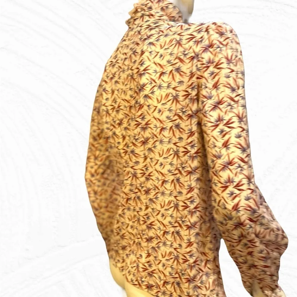 Vintage 70s Ruffle High Collar Floral Print Button Down Ivory Shirt Medium Red - Image 7