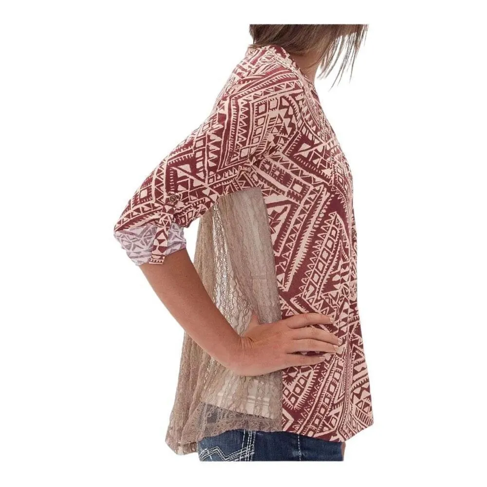 Womens Buckle Daytrip Southwestern Mixed Media Lace Back Top - Sz S - Image 3