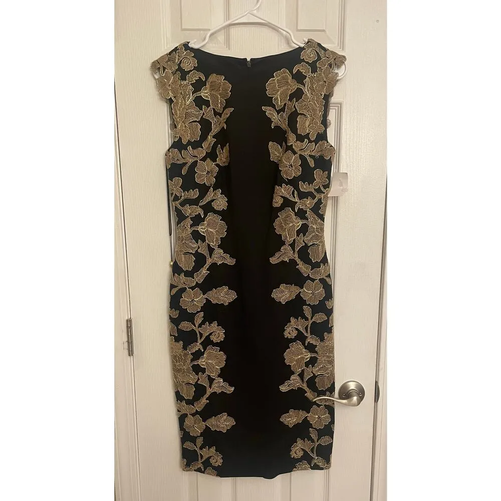 Tadashi Shoji Kami Embroidered Lace Panel Black & Gold Dress, A70 - Image 6