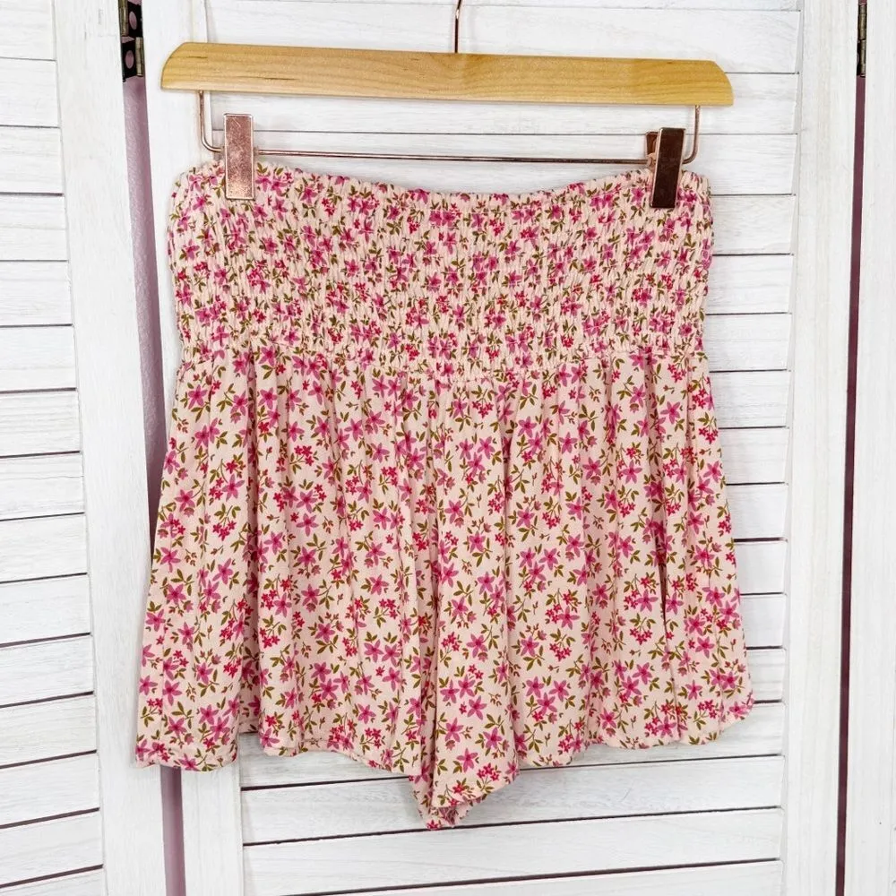 Soho Lady Floral Smocked High Waist Skort Shorts Pink Medium - Image 8
