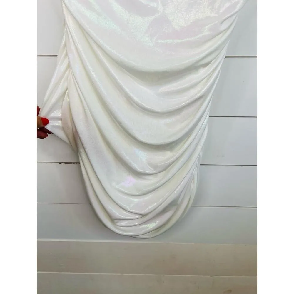 Ivy Blu White Ruched Sleeveless Shimmery Fabric One Shoulder Bodycon Dress US 14 - Image 5