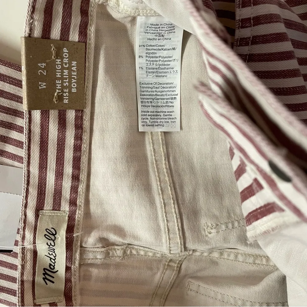 Madewell Red & Cream Striped “The High Rise Slim Crop BoyJean” Jeans Size 24 NWT - Image 3