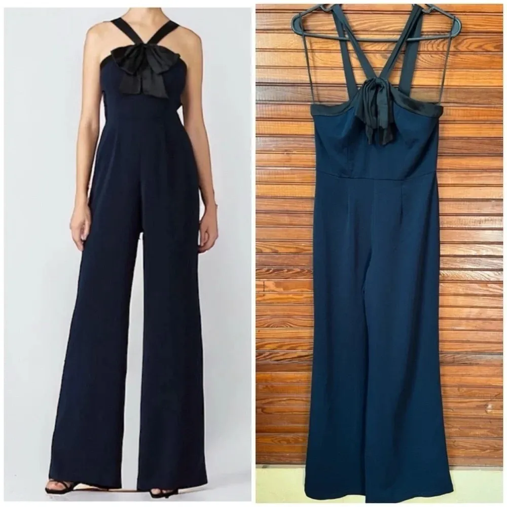 Jay Godfrey Dryden Bow Pleated Jumpsuit Wide Leg Navy Blue Size 2 Black Satin - Image 10