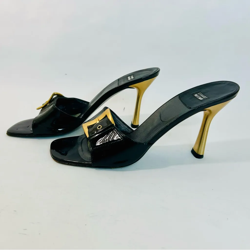 Stuart Weitzman Y2K Black Patent Leather Mule, Gold Buckle, Gold Heel, sz 8.5 - Image 5