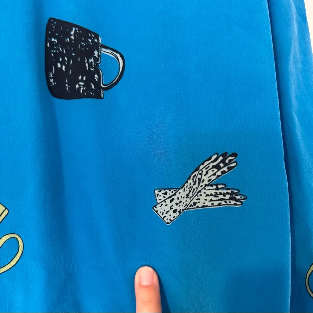 Vintage Silk Novelty Print Button Down Blouse Gloves Shoes Handbags Womens Large Blue - Image 5