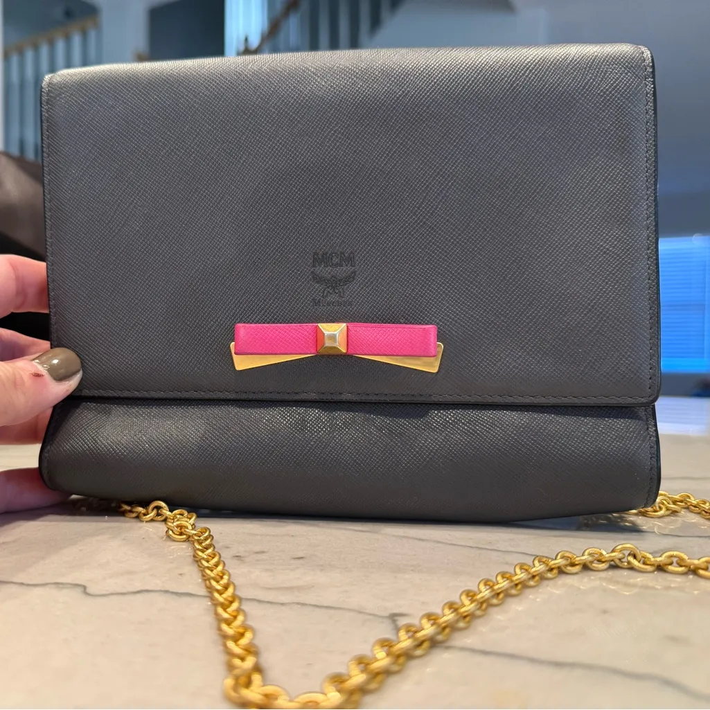 MCM Visetos Mina Crossbody Bag Dark Grey with a Pink Bow Accent - Image 10