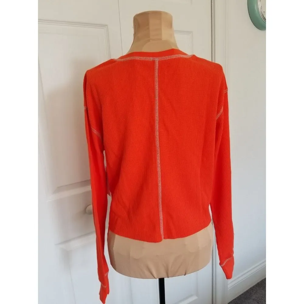 BP Split Neck OSR Cropped Thermal Knit Henley Shirt Orange Fiesta Size XS - Image 2