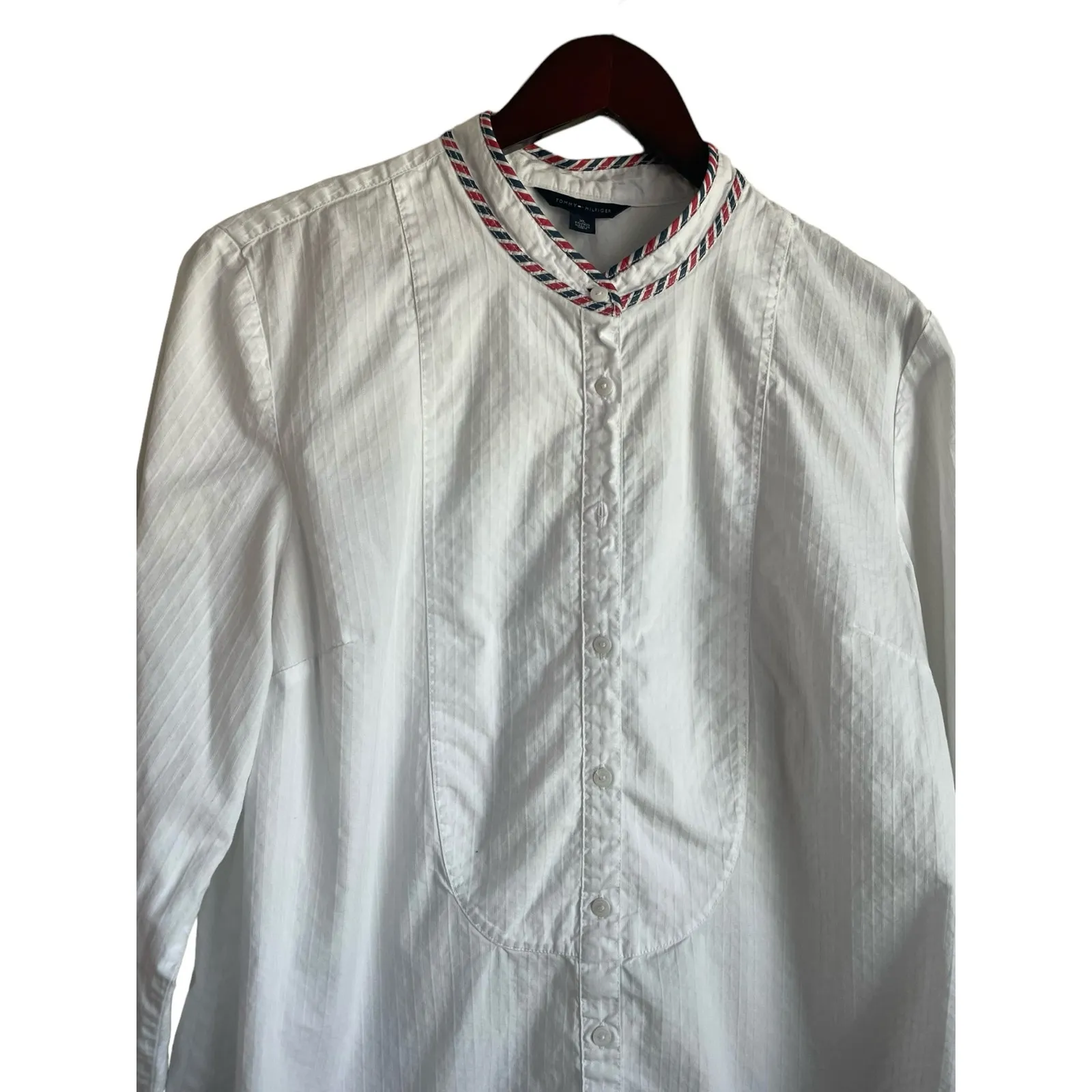 Tommy Hilfiger Women Top XL‎ White Band Collar Tuxedo Style Striped Trim Preppy - Image 4