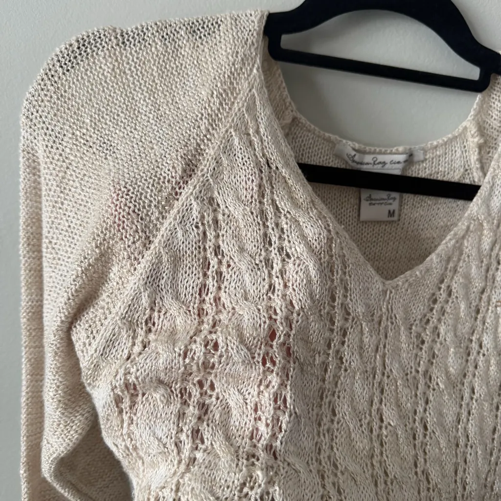 American Rag Neutral Cream Beige Knit V Neck Sweater with Lace Size M - Image 4