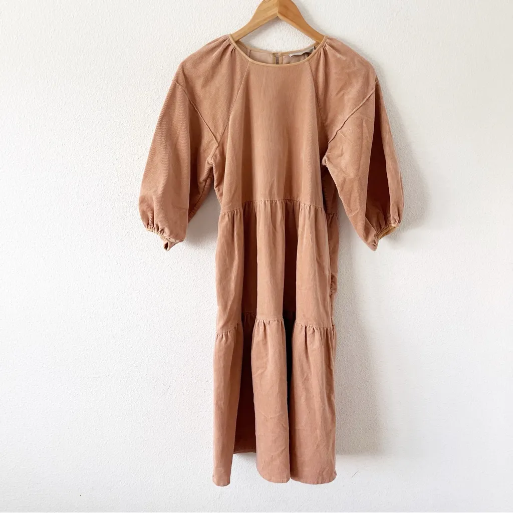 Everlane Tiered Corduroy Puff Sleeve Dress in Petal Pink - Image 2