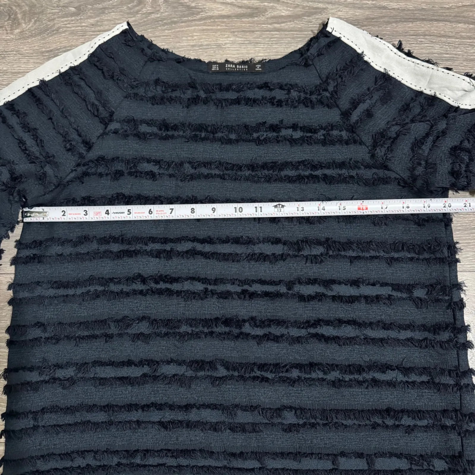ZARA BASIC Black Textured Fringe Border White Side Long Sleeve Top Women Size M Size M - Image 7