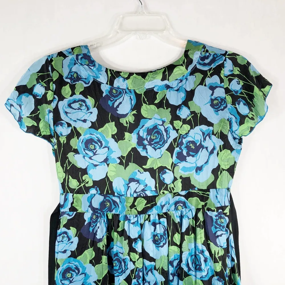 Size 8 Dress Blue Roses Black Green Silk Lined Netted Ribbon Belt 555 - Image 6