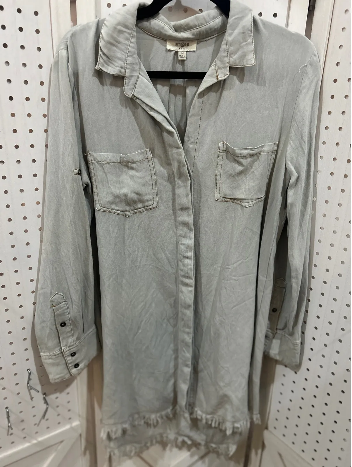 Umgee USA Button Down Shirt Dress Frayed Hem Distressed Medium Chambray Denim Gray - Image 1
