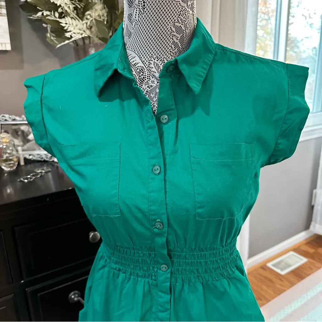Monteau Los Angeles Emerald Green Button Front Shirtdress – Cinched Waist Medium - Image 3