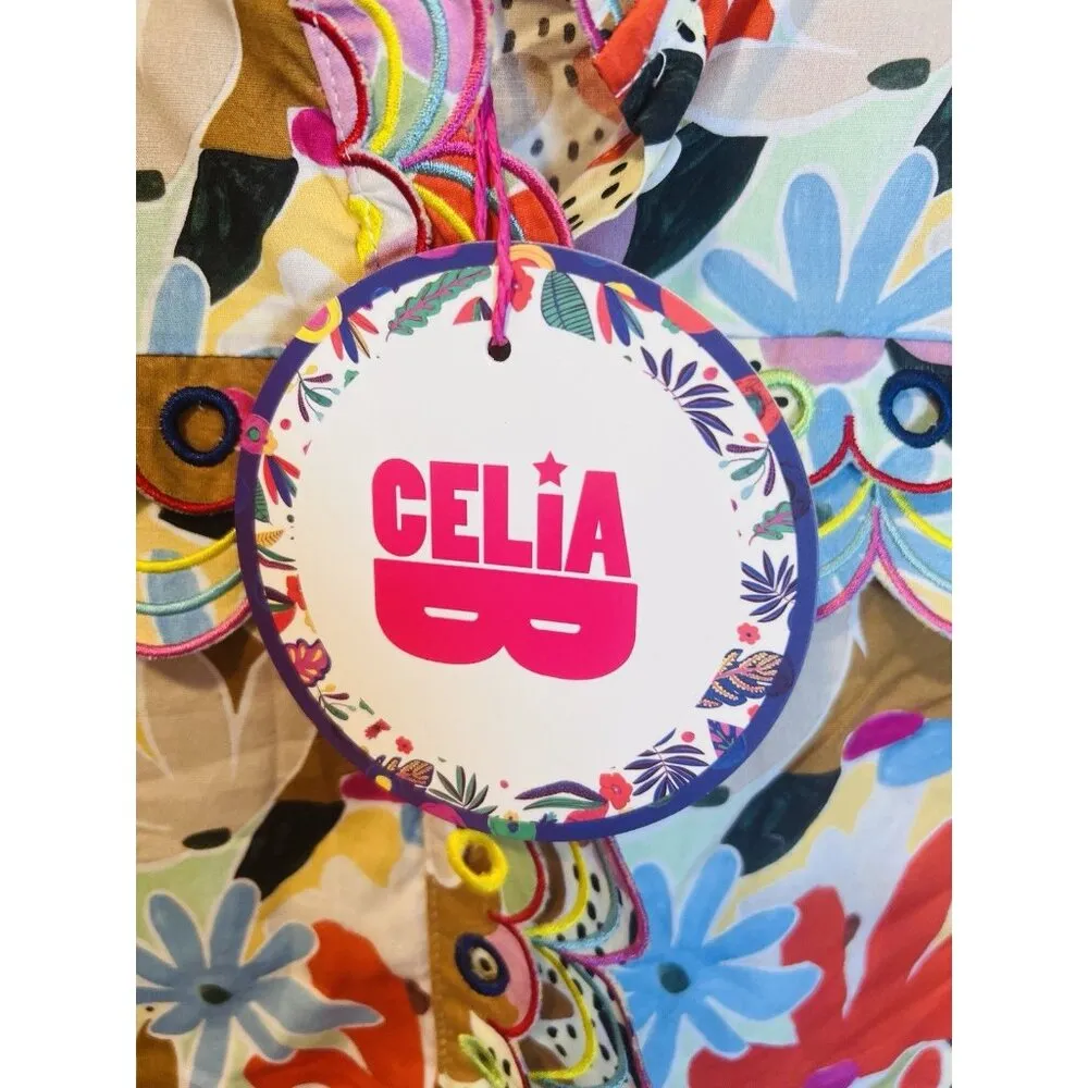 CeliaB Freya Dress Large Floral Multicolor Button Down MIDI Pockets Drawstring Multiple - Image 9