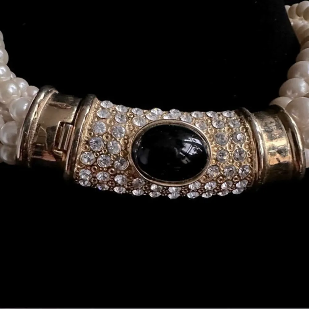Vintage 90’s Multi Strand Art Deco Style Faux Pearl & CZ Choker White - Image 4