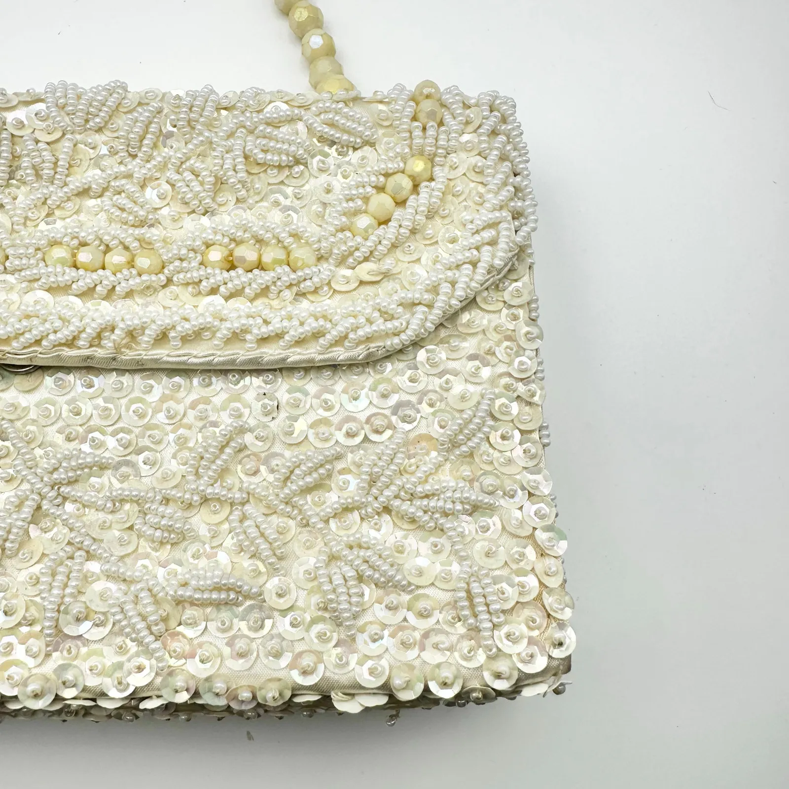 Vintage Ivory Silk Bead Sequin Double Flap Evening Top Handle Bag Hong Kong - Image 3