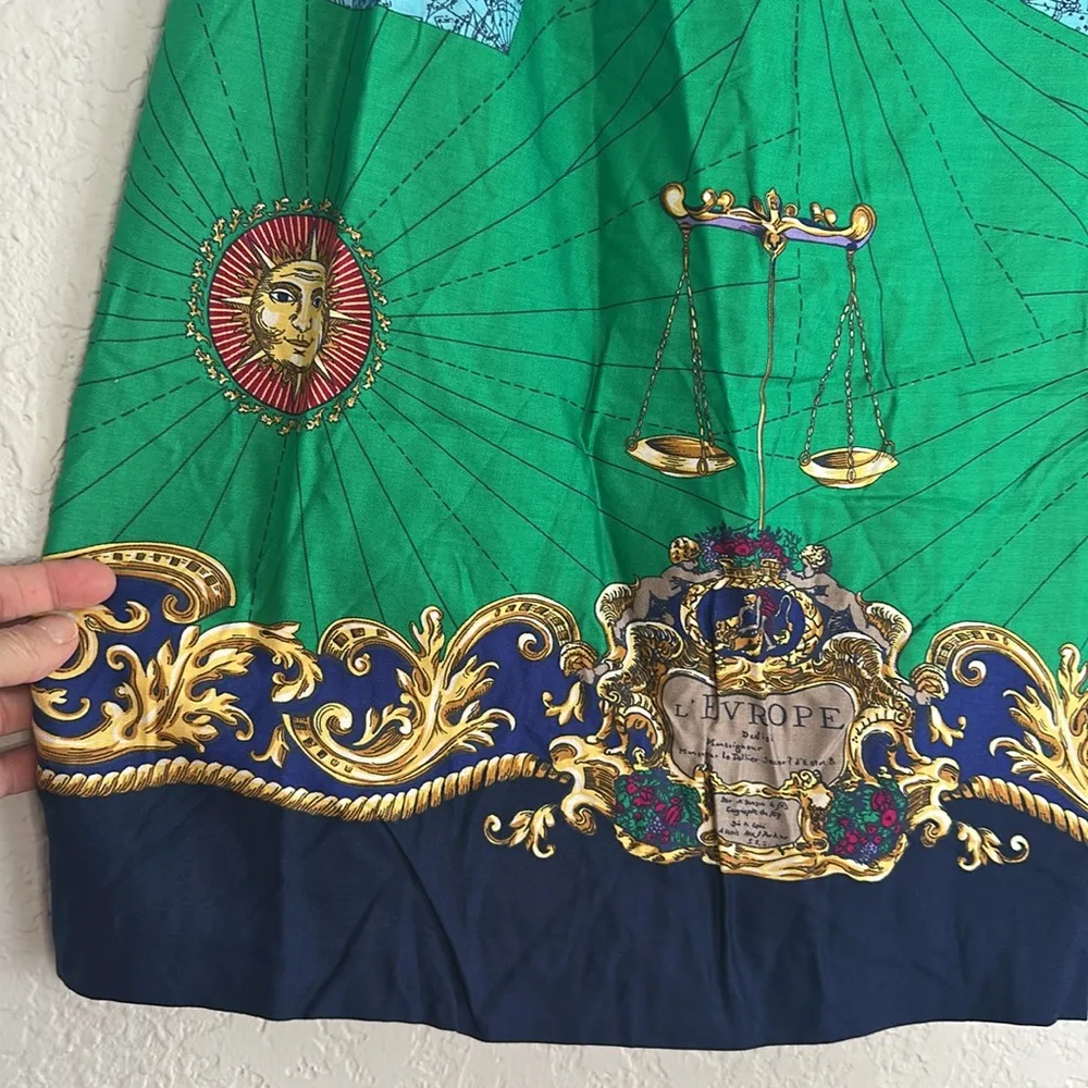 Susan Bristol Green Blue Skirt Europe Travel Vacation Globe Preppy Rayon Size 16 - Image 2