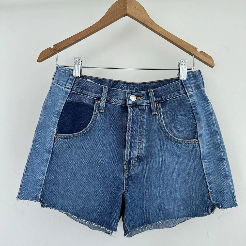 ETICA Shorts Womens 27 Jean Denim Cutoffs Two Tone Festival Boho Organic Ethical Blue - Image 3
