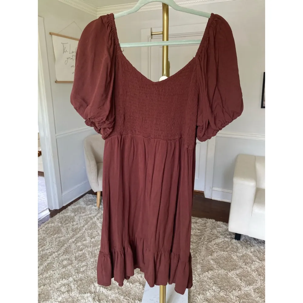 Maurice Brown Smocked Mini Dress Cottagecore Puff Sleeve Square Neck Romantic L - Image 3